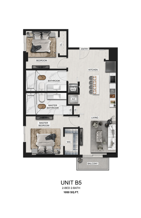 Floor plan for 2 beds, 2 baths, 1050 sqft